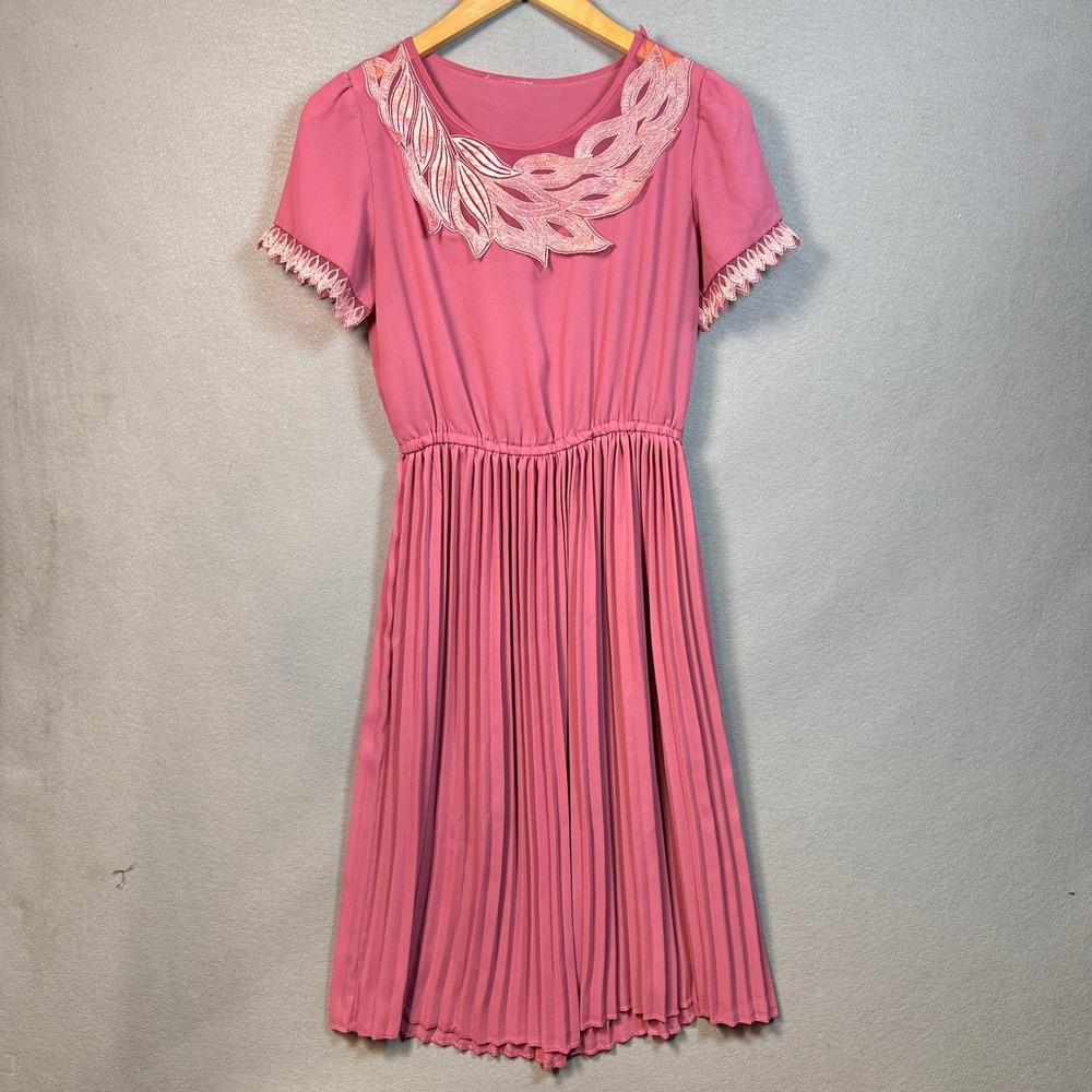 Vintage 70s 80s Pink Pleated Midi Dress Embroidered Mesh Neck Lace Trim